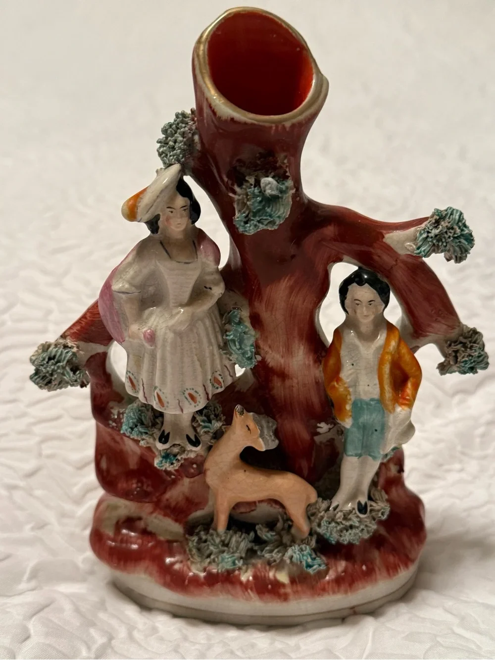 Vase - antique vintage Staffordshire spill vase - courting couple, tree, deer